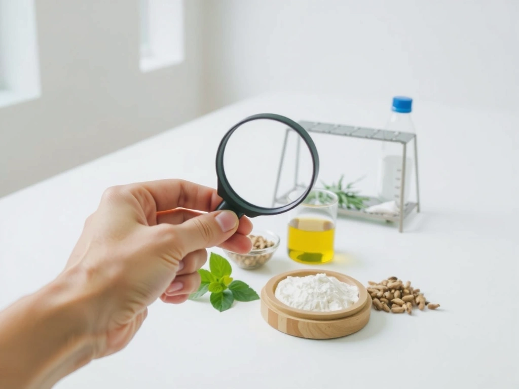 Clean, scientific-looking image of a hand holding a magnifying glass over natural ingredients in a pristine lab setting, with beakers and test tubes in the background.