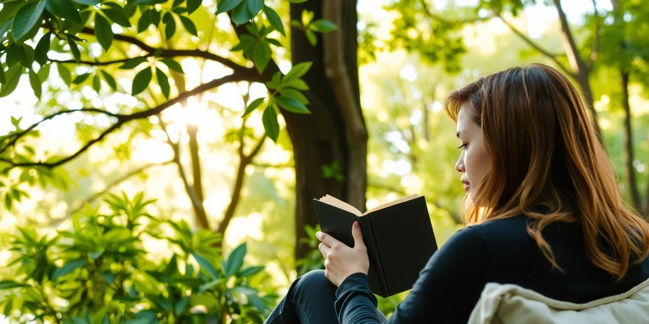 A person reading a book in a serene natural setting with vibrant green foliage and soft sunlight, depicting relaxation and natural wellness.