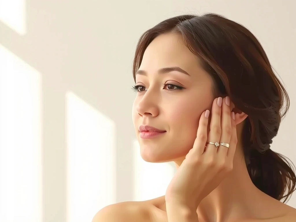 Woman gently touching her face, illustrating skincare routine with a natural, serene expression.